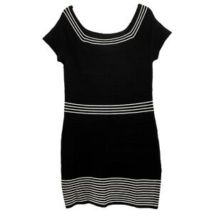 Max Studio Classic Black White Stripe Trim Sz L Bodycon Knit Dress Preppy Chic